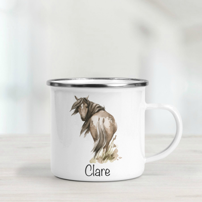 Personalised enamel mug featuring a horse.