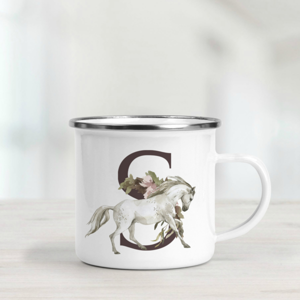 Enamel mug with an initial and horse print.