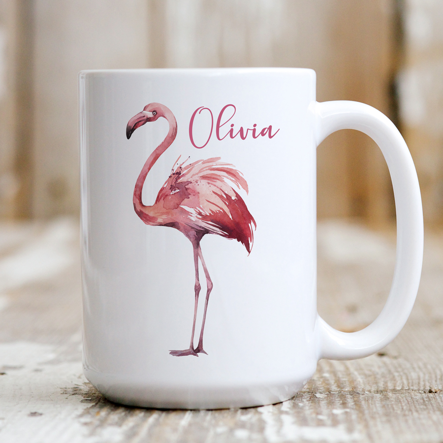Personalised 15oz ceramic mug featuring a flamingo.