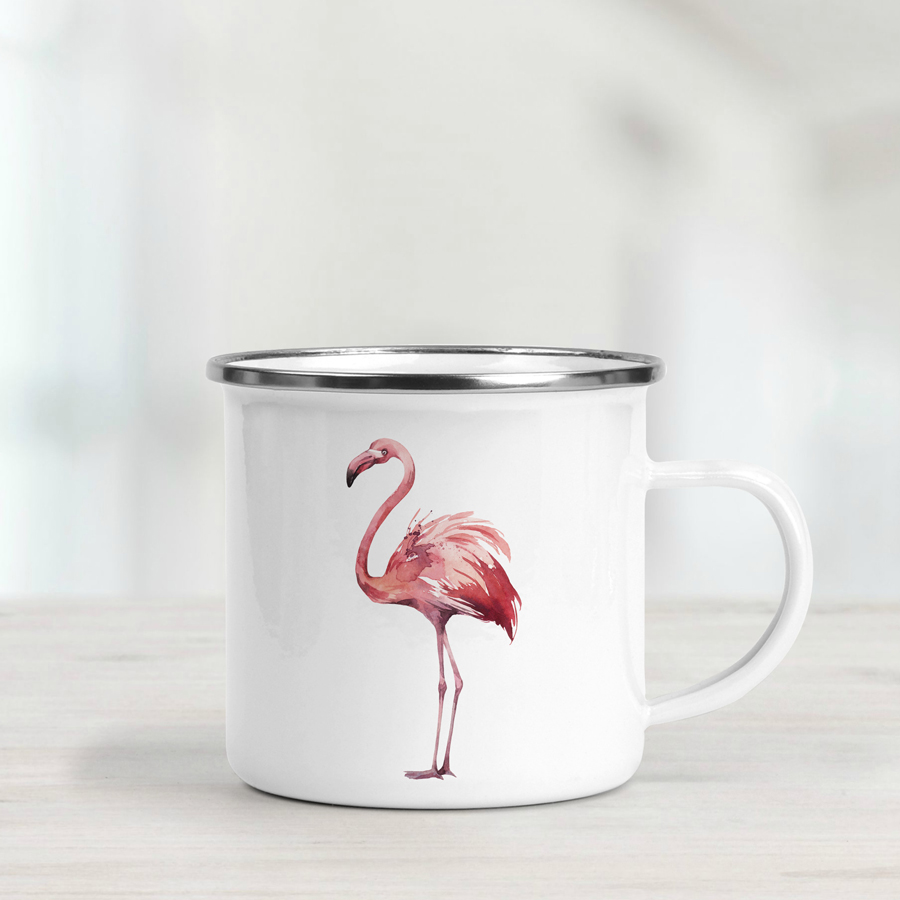 Enamel mug featuring a flamingo.