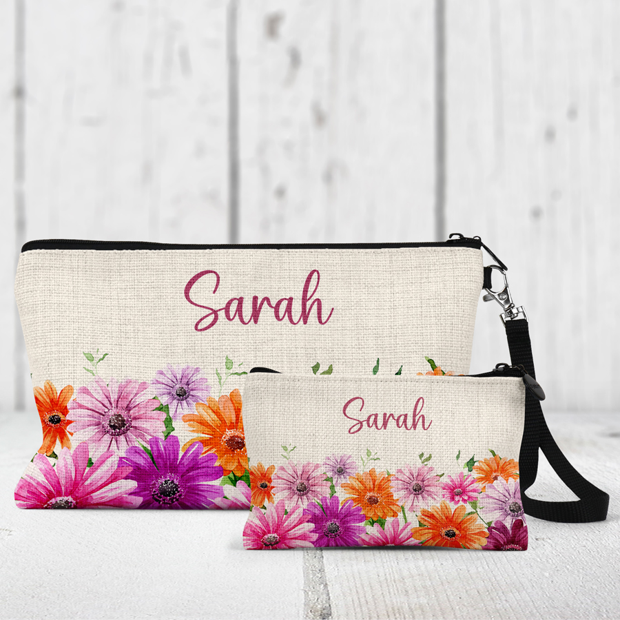 Personalised zipper makeup bag and coin purse featuring gerberas.
