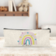 Personalised linen pencil case with a rainbow design.