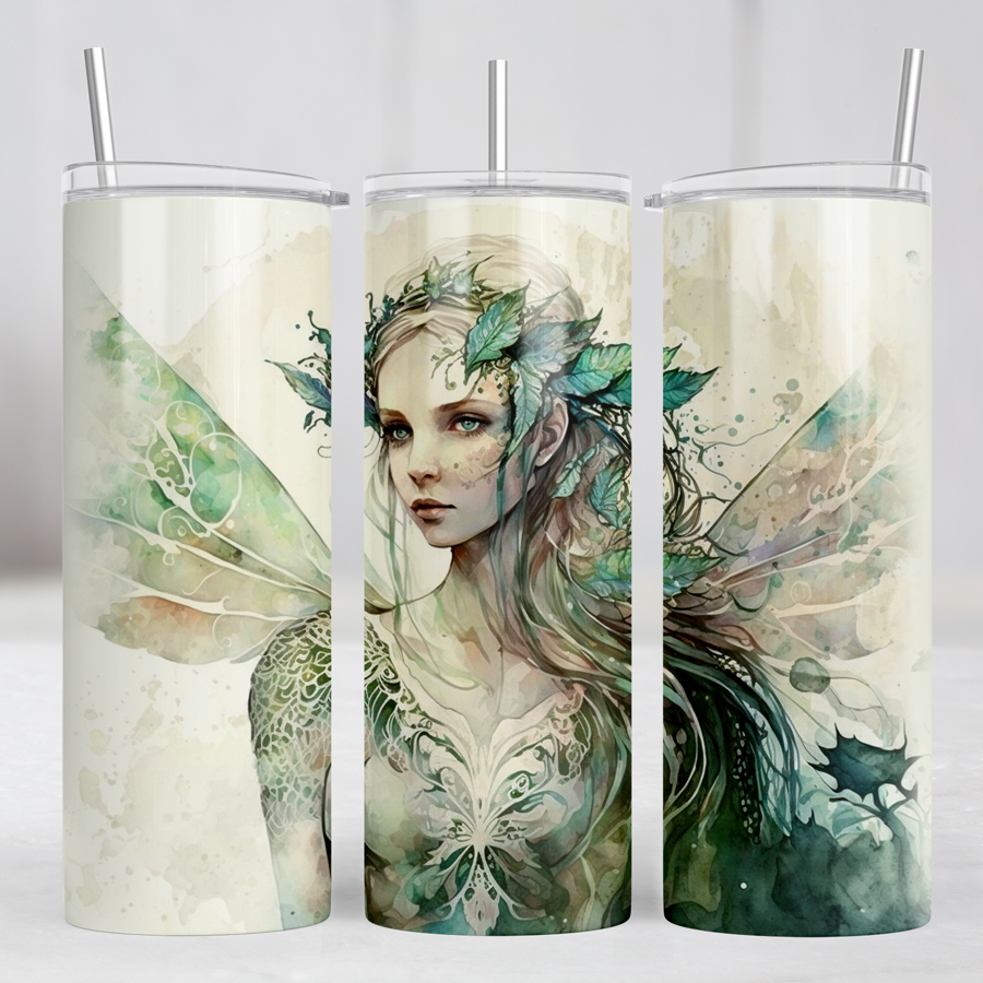 Fairy printed on a skinny tumbler.
