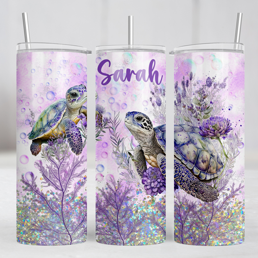 Personalised skinny tumbler featuring turtles.