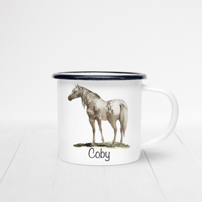 Personalised enamel mug featuring an appaloosa horse.