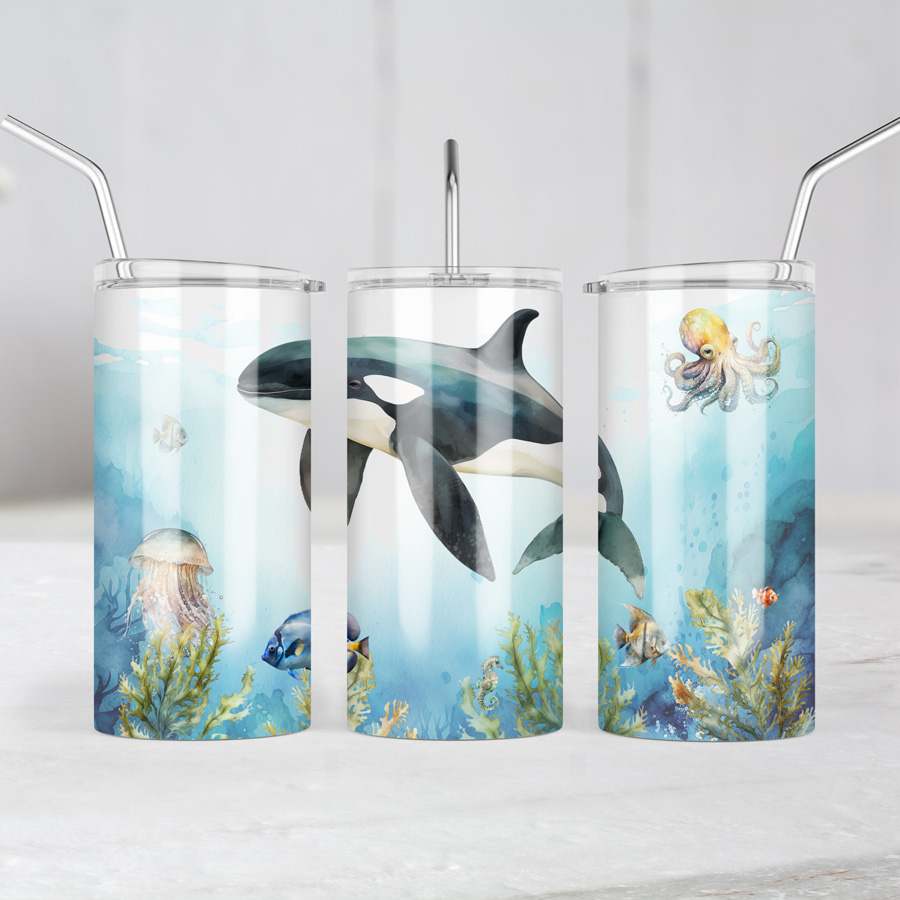 16oz skinny tumbler with an orca ocean design