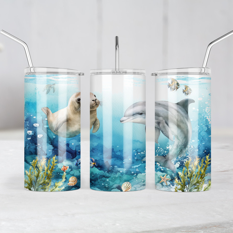 16oz skinny tumbler with dolphin and seal ocean design