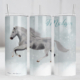 Silver horse in snow on a personalised skinny tumbler.