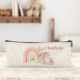 Personalised pencil case with a unicorn and rainbow design.