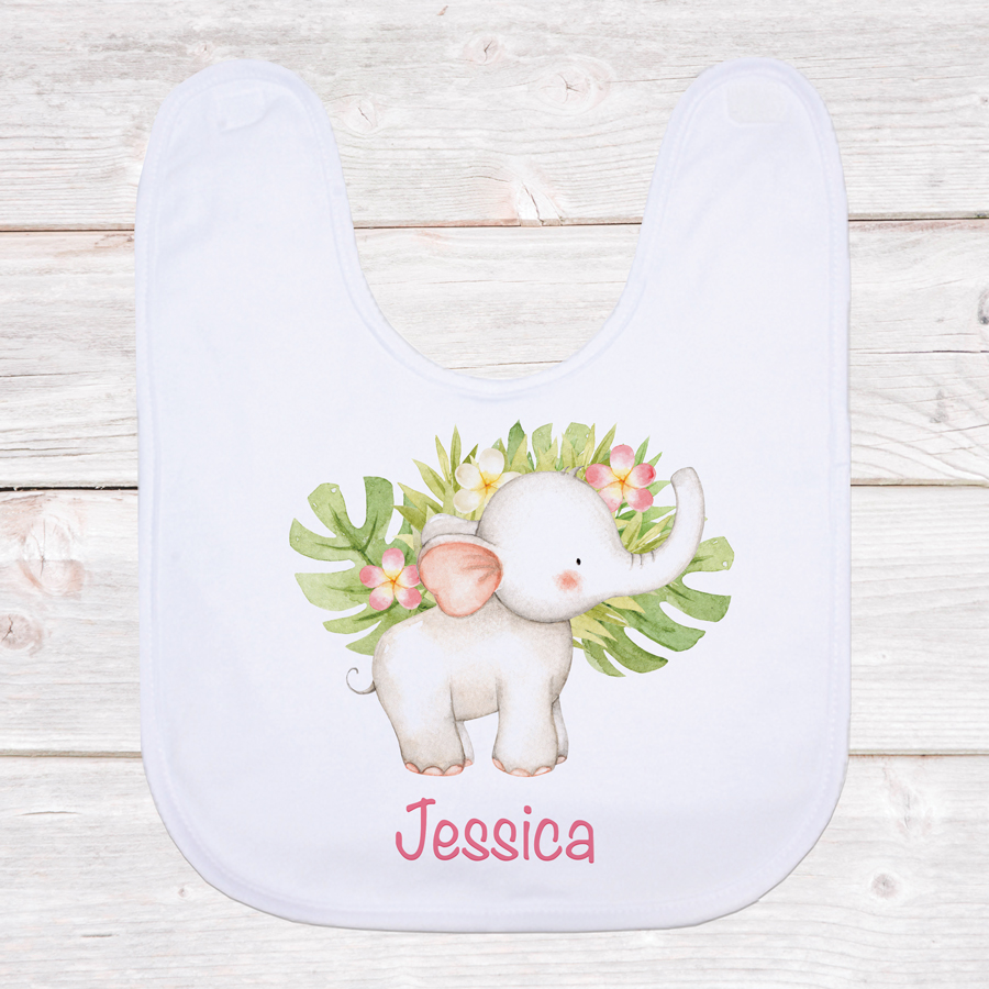 Personalised bib featuring a cute, illustrated elephant.