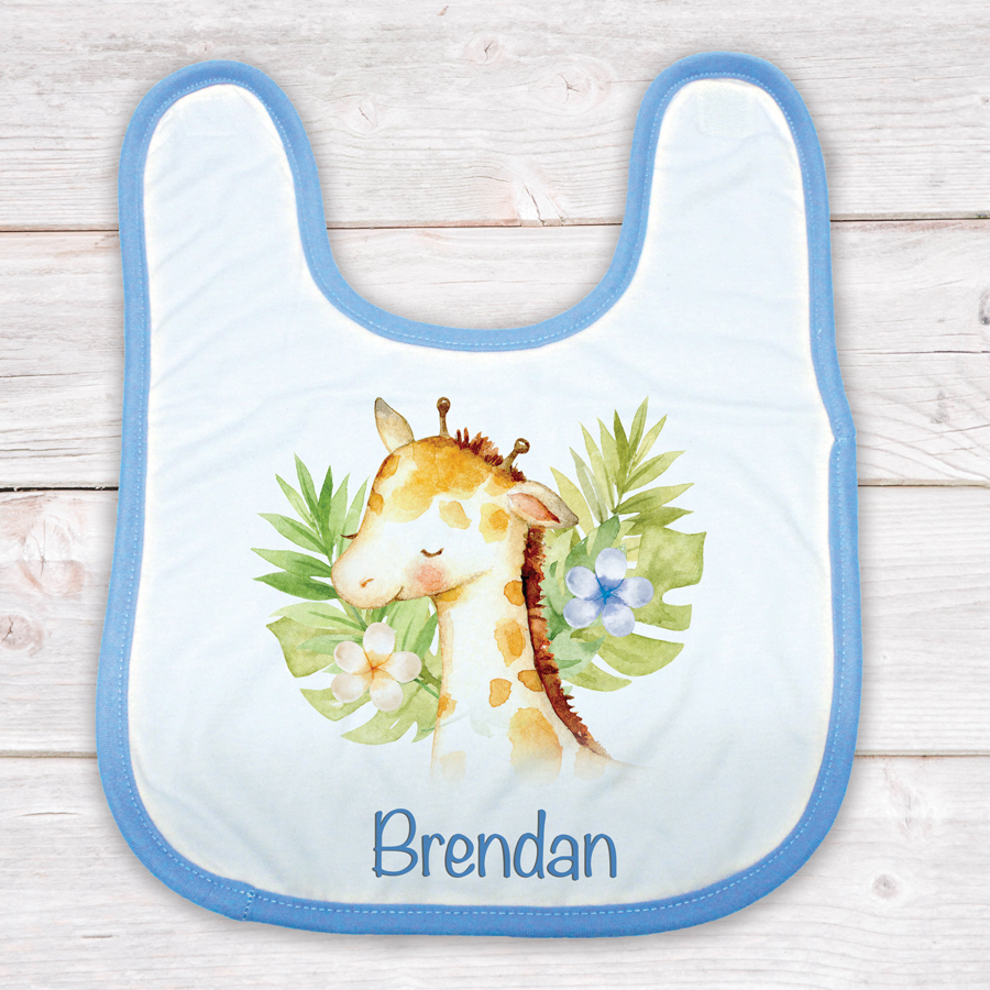 Personalised giraffe baby bib.