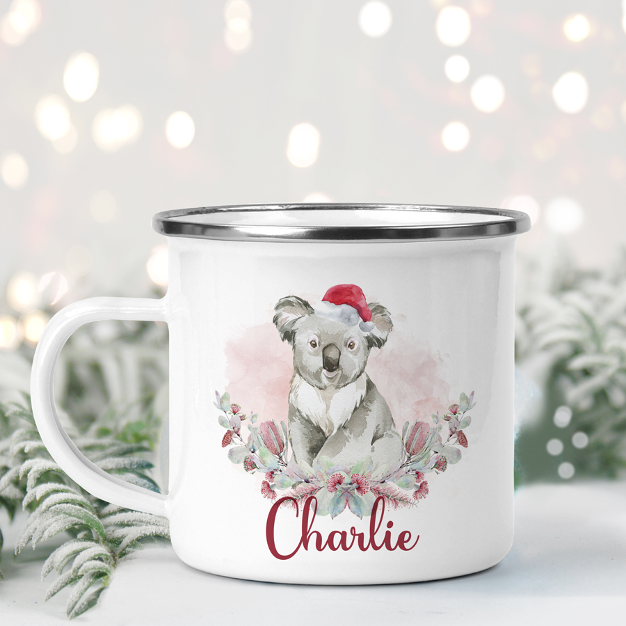 Personalised koala Christmas enamel mug.