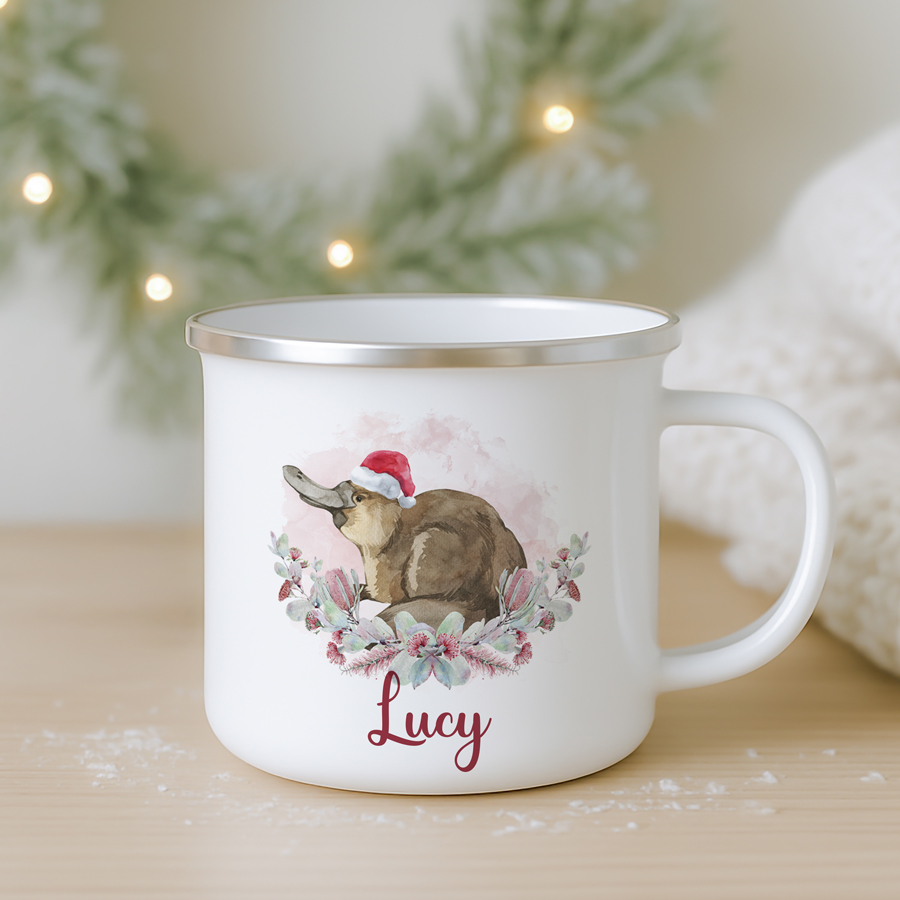 Personalised platypus enamel mug.