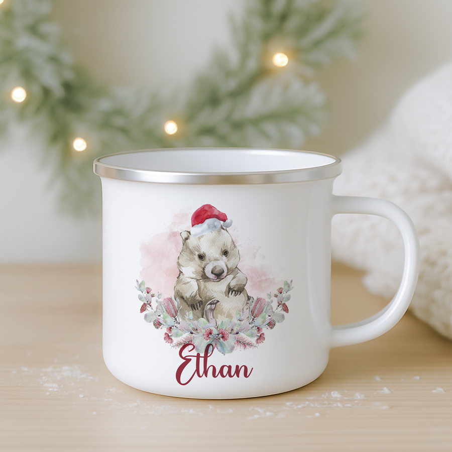 Personalised wombat Christmas enamel mug.