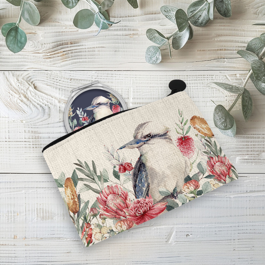 Linen coin purse and compact mirror featuring a kookaburra and Australian flora.