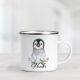 Cute penguin on a personalised silver rim enamel mug.