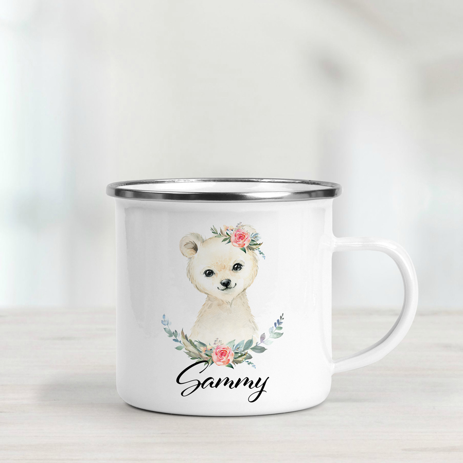 Personalised Polar Bear with Bouquets Enamel Mug