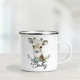 Cute baby reindeer on a personalised silver rim enamel mug.