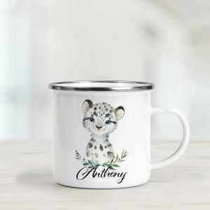 A personalised enamel mug featuring a cute snow leopard.