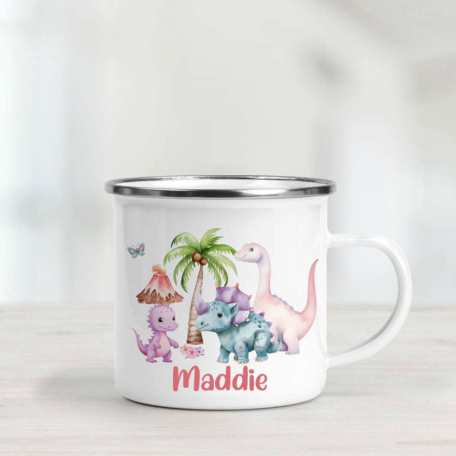 Personalised enamel mug featuring cute watercolour dinosaurs.