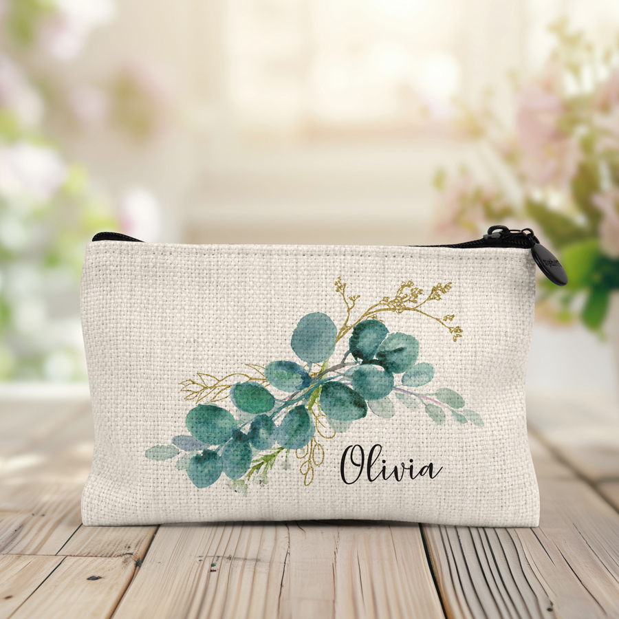 Personalised coin purse featuring a bouquet of eucalyptus leaves.