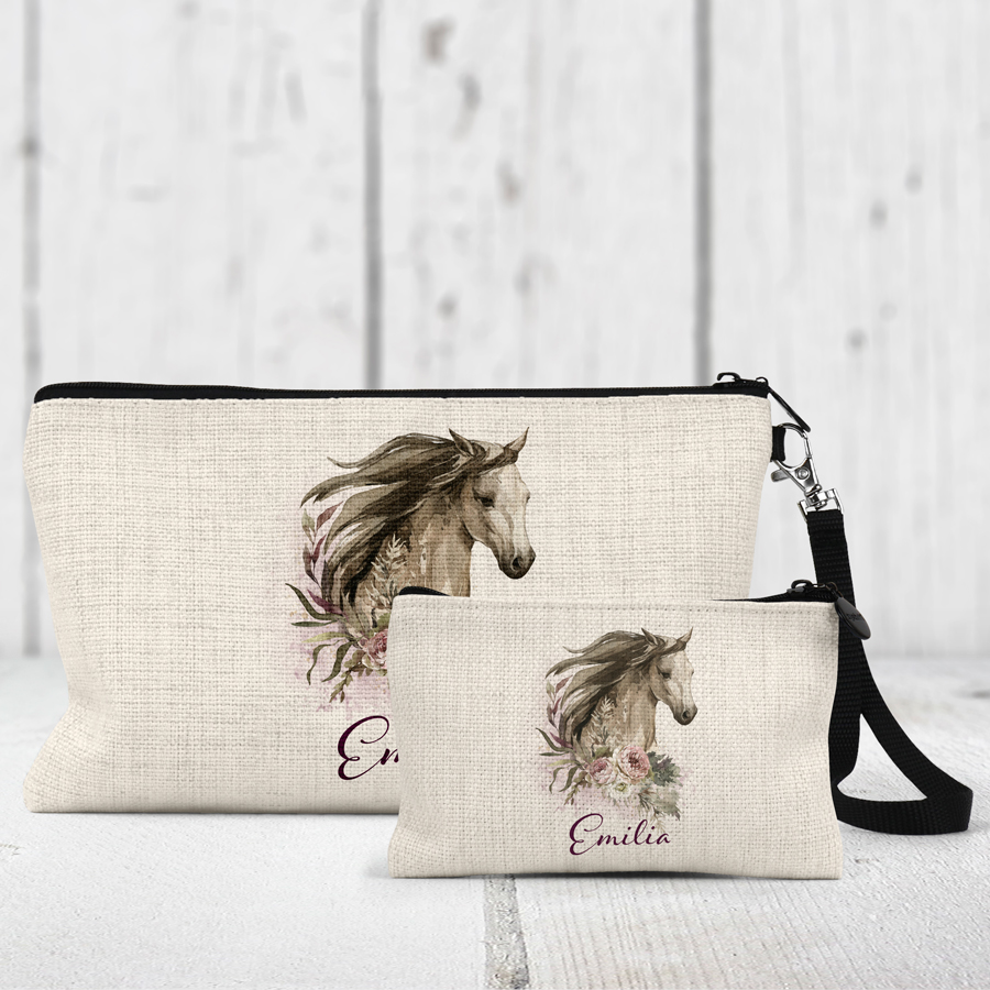 Personalised cosmetic bag and coin purse featuring a horse head with roses.