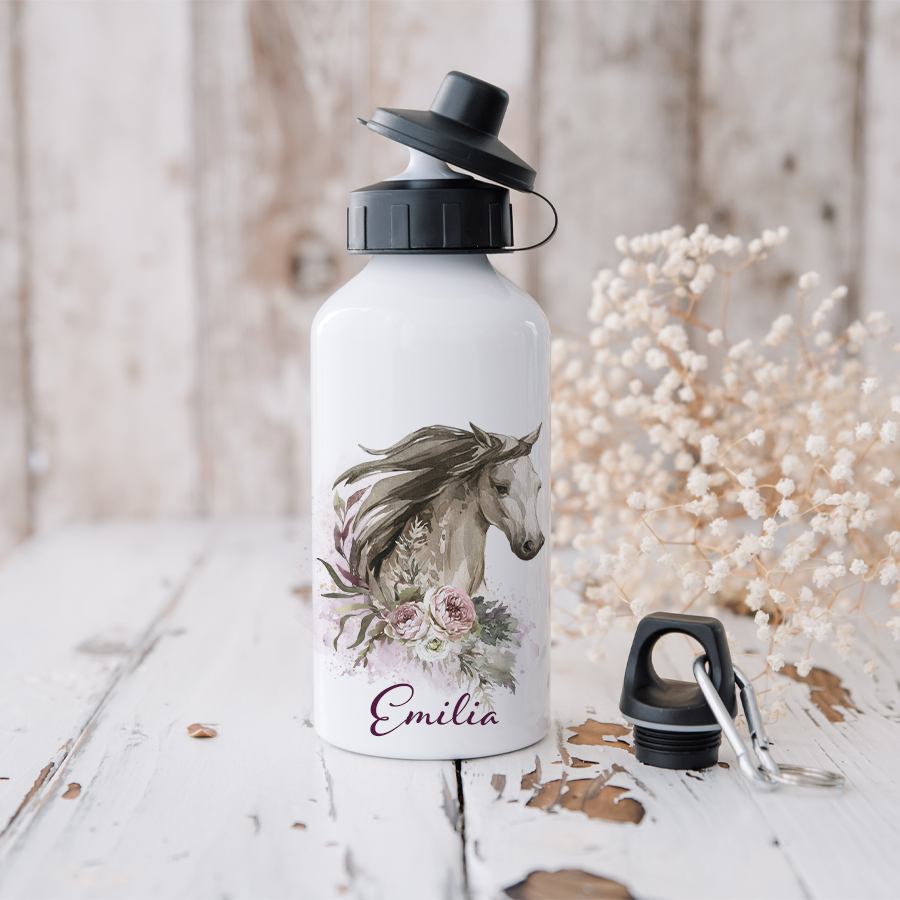 Personalised aluminium drink bottle featuring a horse head with roses.