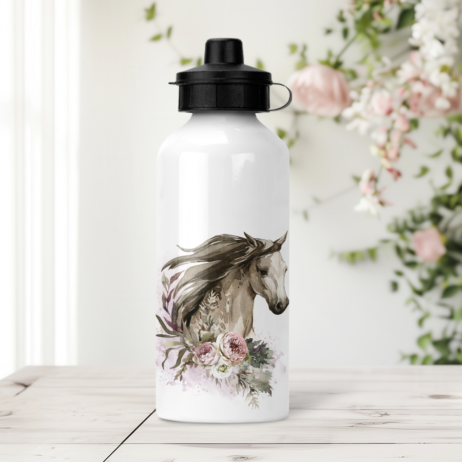 Aluminium water bottle featuring a horse head with roses.