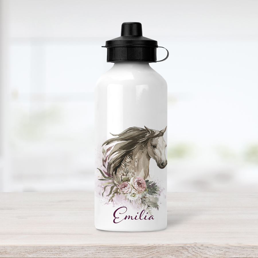 Personalised floral horse water bottle.