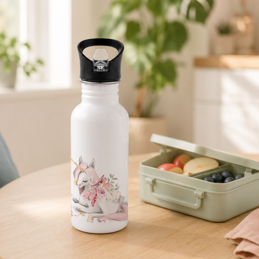 White stainless steel drink bottle featuring a unicorn with flowers.