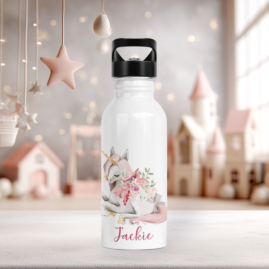 Personalised, white stainless steel drink bottle featuring a unicorn with flowers.