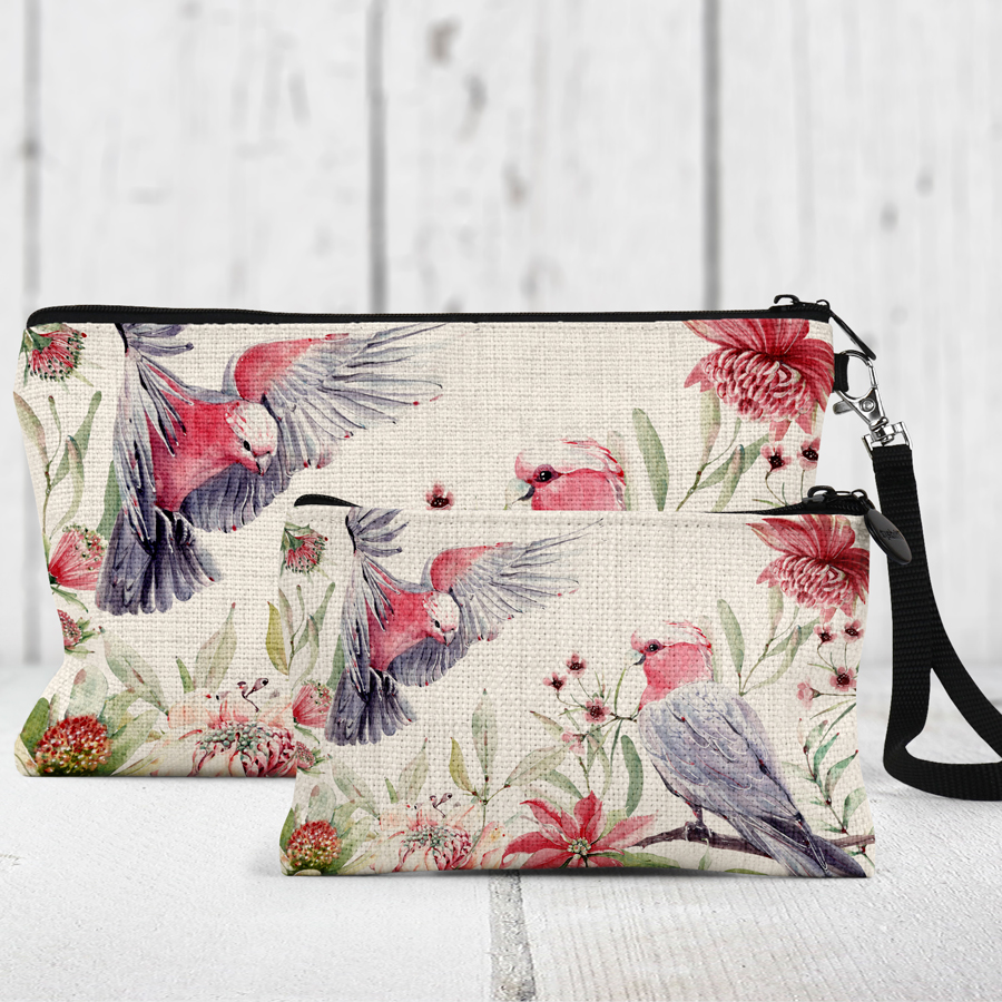 Galahs printed on a makeup bag and coin purse.