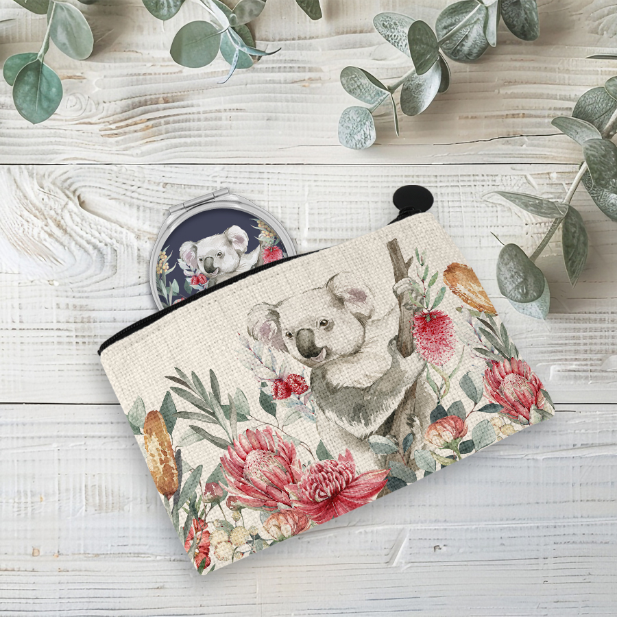 Coin purse and compact mirror featuring a koala.