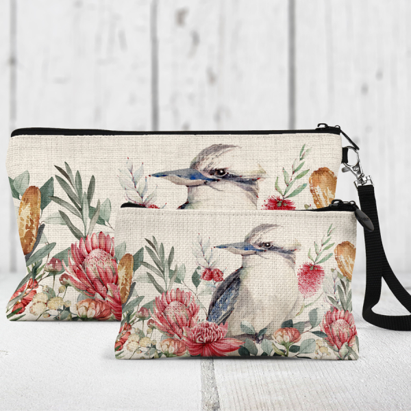 Kookaburra printed on a makeup bag and coin purse.