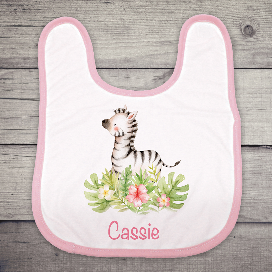 Personalised baby zib featuring a zebra.