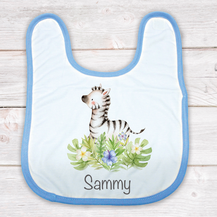 Personalised baby bib with a zebra.