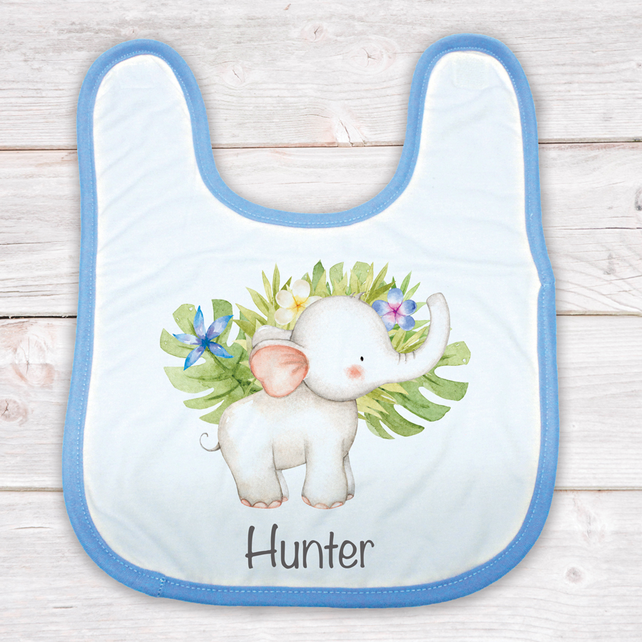 Personalised baby bib with an elephant.