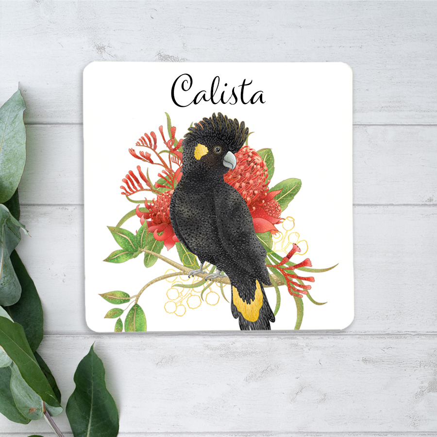Personalised yellow-tailed black cockatoo coaster.