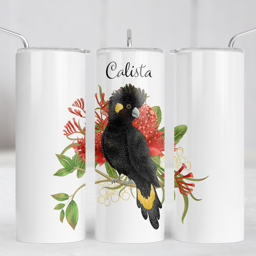 Personalised Yellow-tailed Black Cockatoo skinny tumbler.