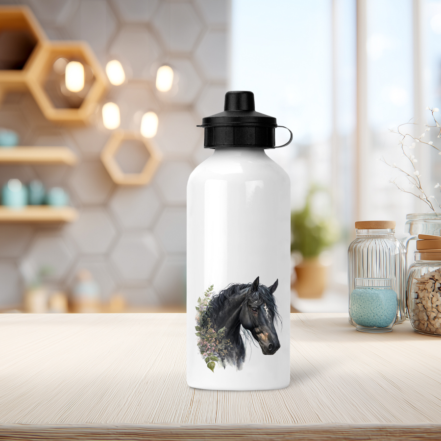 Aluminium water bottle featuring a black horse head.