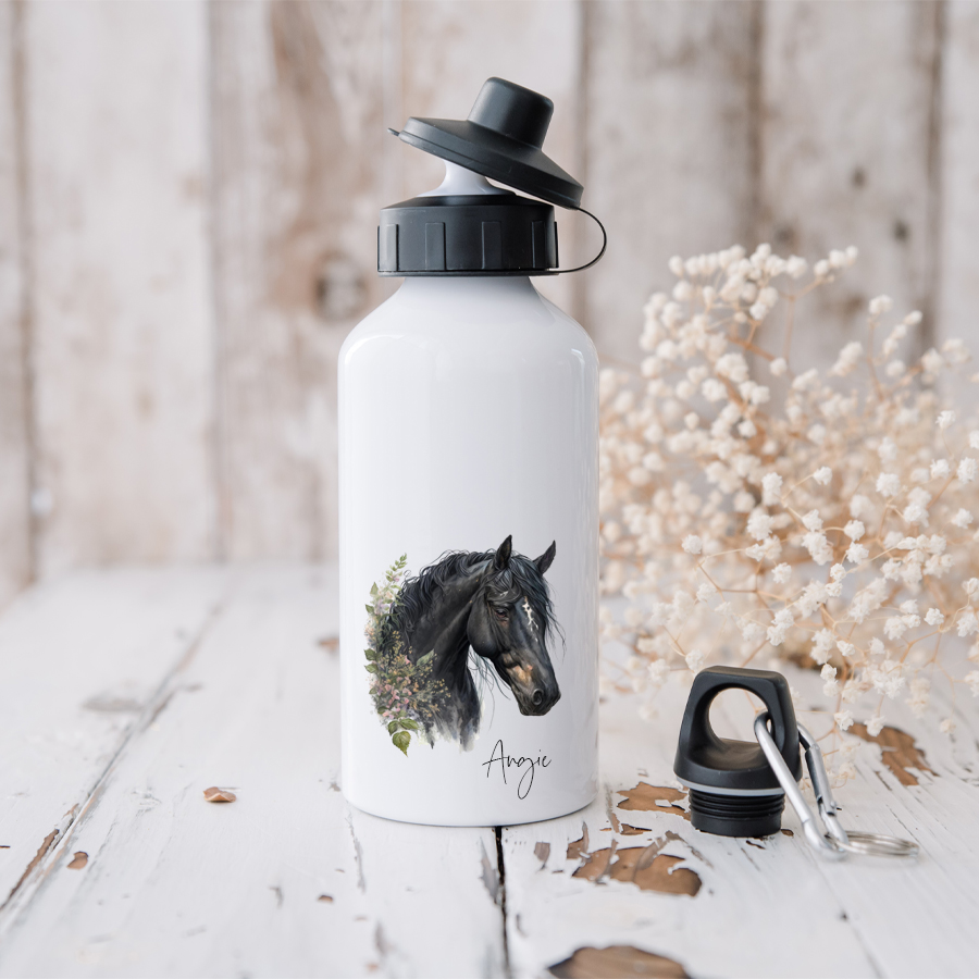 Personalised drink bottle featuring a black horse head.