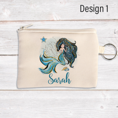 Personalised coin pouch featuring a mermaid with black hair.