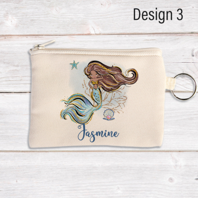 Personalised coin pouch featuring a mermaid with brown hair.