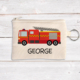 Personalised kids coin pouch with a fire engine print.