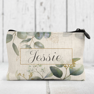 Eucalyptus leaves printed on a personalised coin purse.