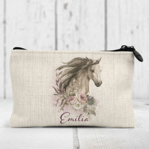 Illustrated horse on a personalised linen coin purse.