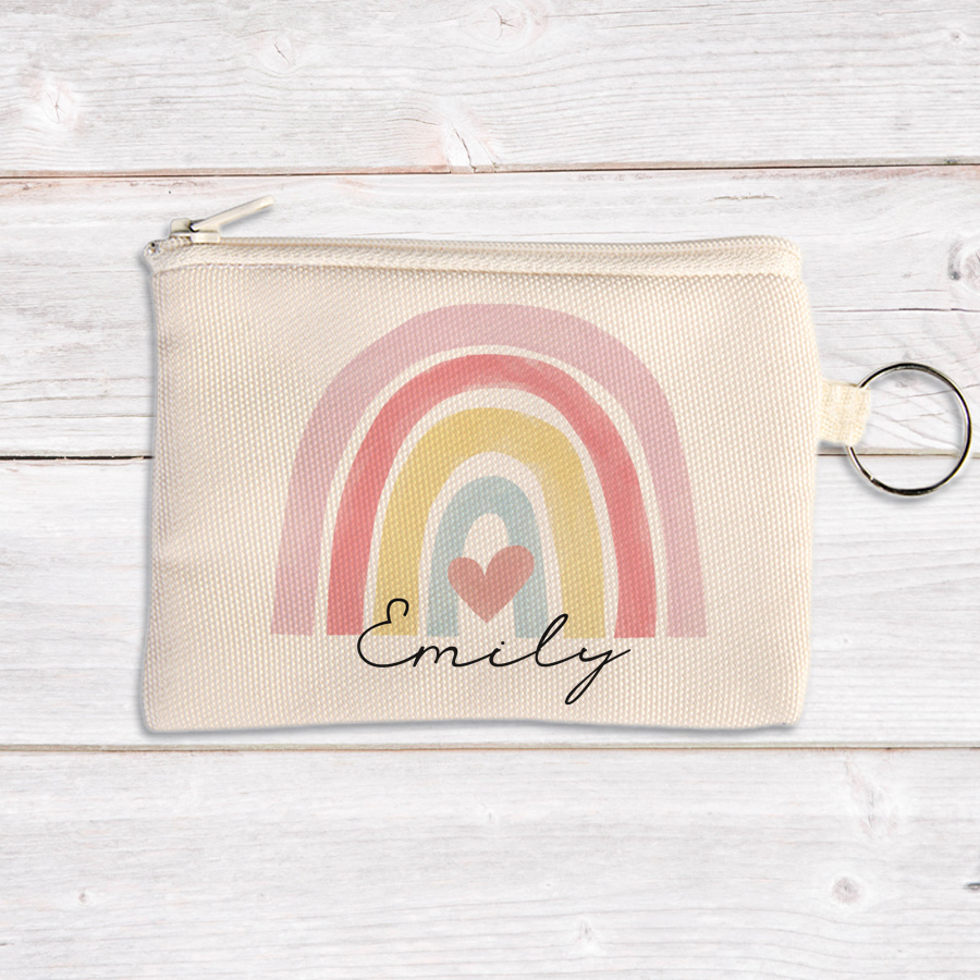 Rainbow coin pouch with personalisation.