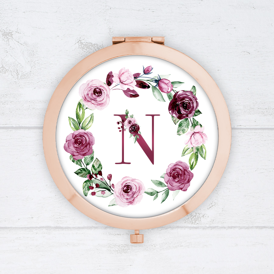 Personalised Pink Rose Wreath Compact Mirror