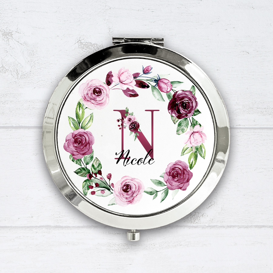 Personalised Pink Rose Wreath Compact Mirror - Image 2