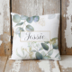 Personalised eucalyptus cushion featuring eucalyptus leaves.